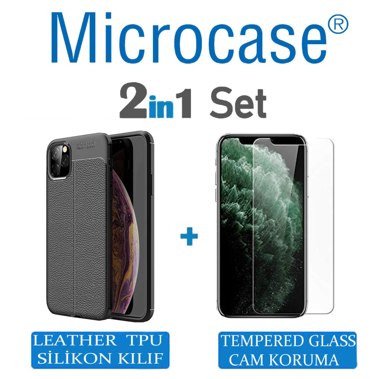 Microcase iPhone 11 Pro Leather Tpu Silikon Kılıf - Siyah + Tempered Glass Cam Koruma