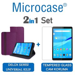 Microcase Lenovo Tab M8 TB-8505F Delüx Serisi Universal Standlı Deri Kılıf - Mor + Tempered Glass Cam Koruma