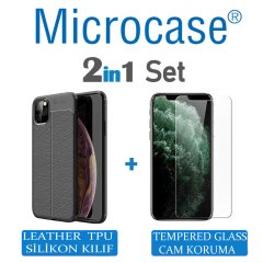 Microcase iPhone 11 Pro Max Leather Tpu Silikon Kılıf - Siyah + Tempered Glass Cam Koruma