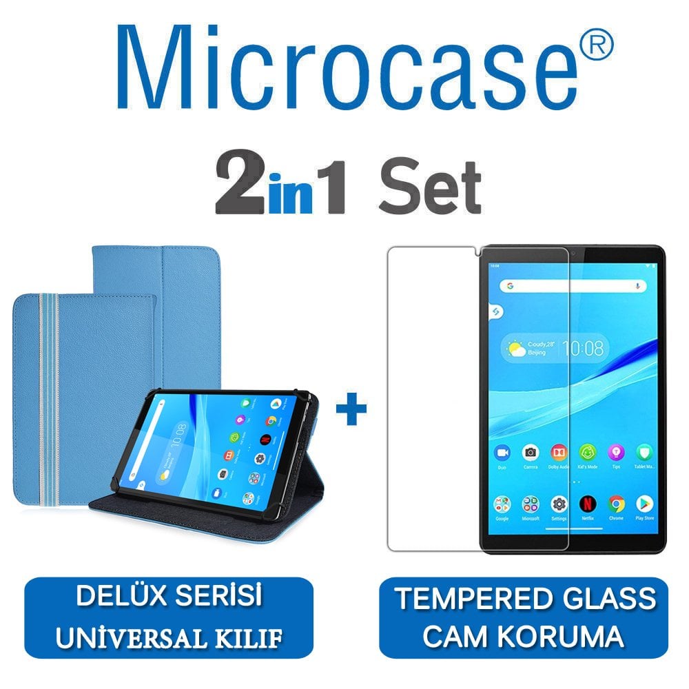 Microcase Lenovo Tab M8 TB-8505F Delüx Serisi Universal Standlı Deri Kılıf - Turkuaz + Tempered Glass Cam Koruma