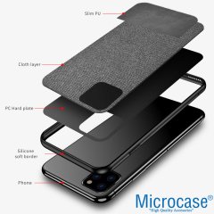 Microcase Apple iPhone 11 Pro Fabrik Serisi Kumaş ve Deri Desen Kılıf - Gri + Tempered Glass Cam Koruma