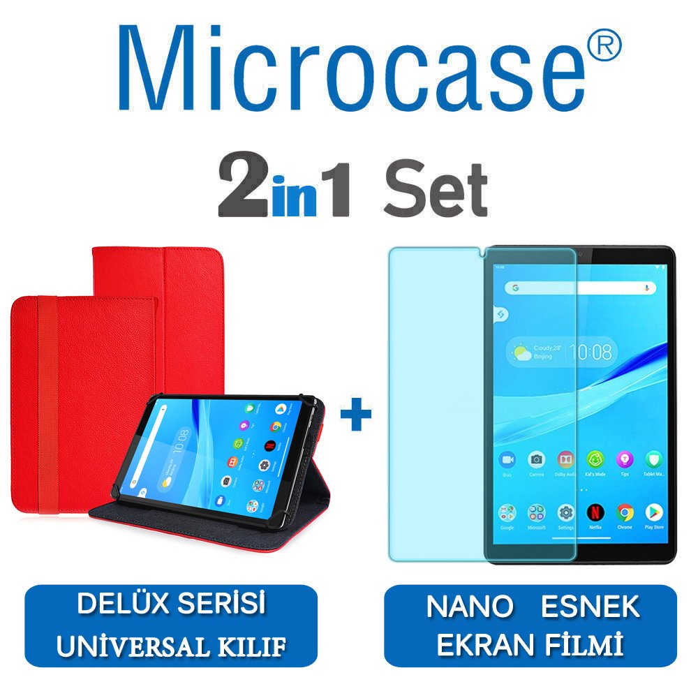Microcase Lenovo Tab M8 TB-8505F Delüx Serisi Universal Standlı Deri Kılıf - Kırmızı + Nano Esnek Ekran Koruma Filmi