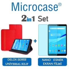 Microcase Lenovo Tab M8 TB-8505F Delüx Serisi Universal Standlı Deri Kılıf - Kırmızı + Nano Esnek Ekran Koruma Filmi