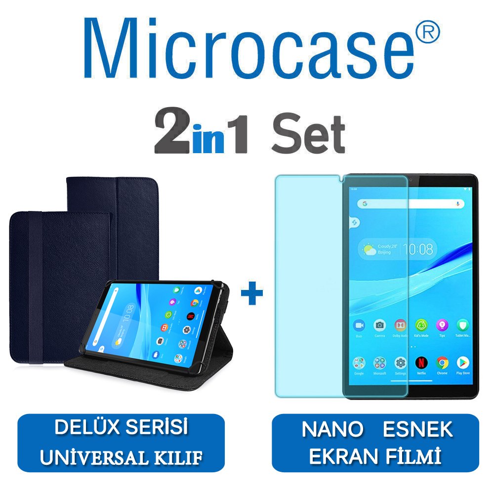 Microcase Lenovo Tab M8 TB-8505F Delüx Serisi Universal Standlı Deri Kılıf - Lacivert + Nano Esnek Ekran Koruma Filmi