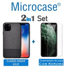 Microcase Apple iPhone 11 Pro Max Fabrik Serisi Kumaş ve Deri Desen Kılıf - Siyah + Tempered Glass Cam Koruma