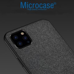 Microcase Apple iPhone 11 Pro Max Fabrik Serisi Kumaş ve Deri Desen Kılıf - Siyah + Tempered Glass Cam Koruma