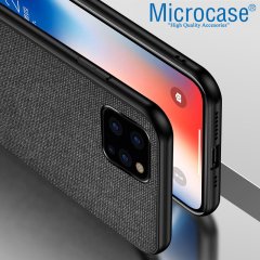 Microcase Apple iPhone 11 Pro Max Fabrik Serisi Kumaş ve Deri Desen Kılıf - Siyah + Tempered Glass Cam Koruma