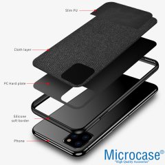 Microcase Apple iPhone 11 Pro Max Fabrik Serisi Kumaş ve Deri Desen Kılıf - Siyah + Tempered Glass Cam Koruma