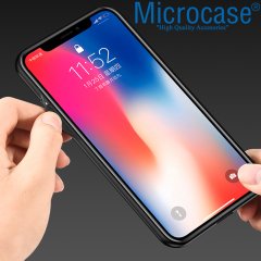 Microcase Apple iPhone 11 Pro Max Fabrik Serisi Kumaş ve Deri Desen Kılıf - Siyah + Tempered Glass Cam Koruma