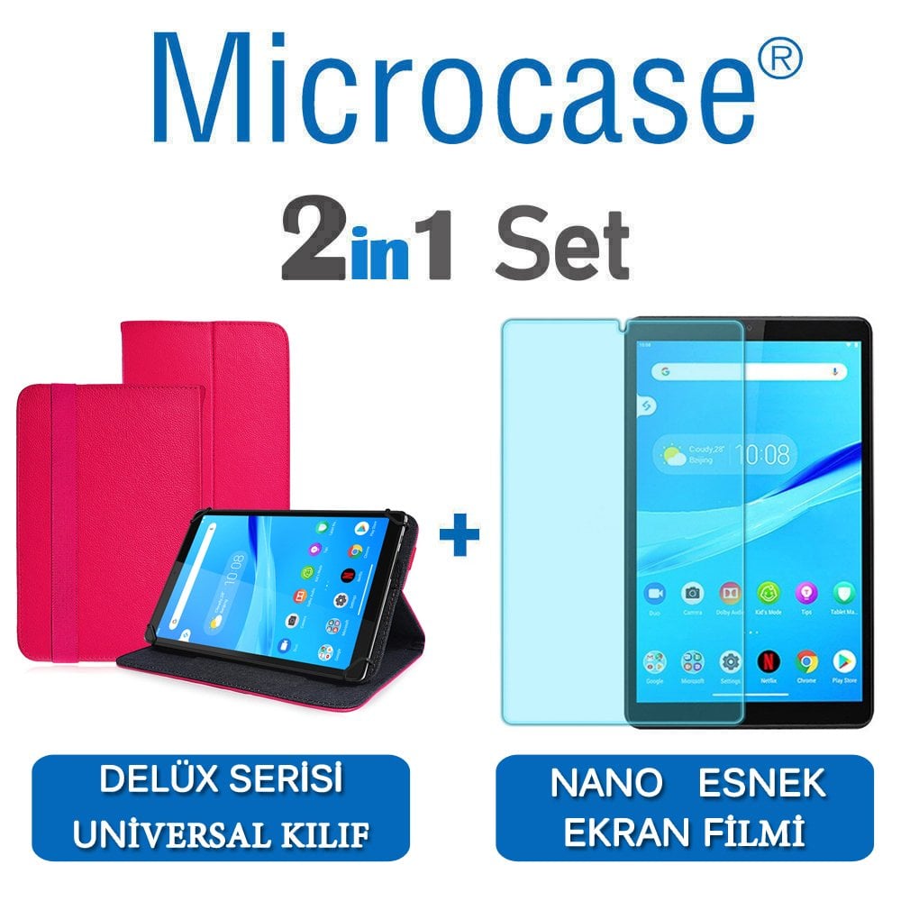 Microcase Lenovo Tab M8 TB-8505F Delüx Serisi Universal Standlı Deri Kılıf - Pembe + Nano Esnek Ekran Koruma Filmi