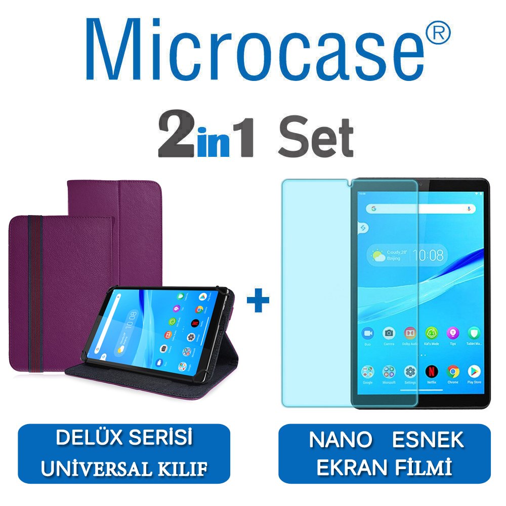 Microcase Lenovo Tab M8 TB-8505F Delüx Serisi Universal Standlı Deri Kılıf - Mor + Nano Esnek Ekran Koruma Filmi