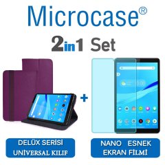 Microcase Lenovo Tab M8 TB-8505F Delüx Serisi Universal Standlı Deri Kılıf - Mor + Nano Esnek Ekran Koruma Filmi