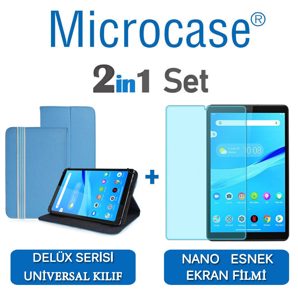 Microcase Lenovo Tab M8 TB-8505F Delüx Serisi Universal Standlı Deri Kılıf - Turkuaz + Nano Esnek Ekran Koruma Filmi