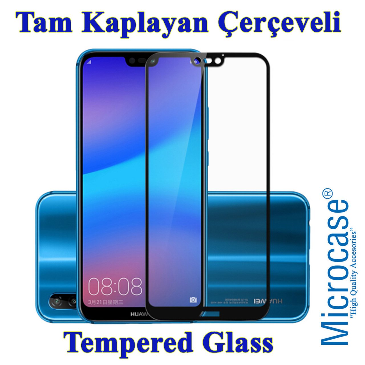 Huawei P20 Lite Tam Kaplayan Çerçeveli Tempered Ekran Koruyucu