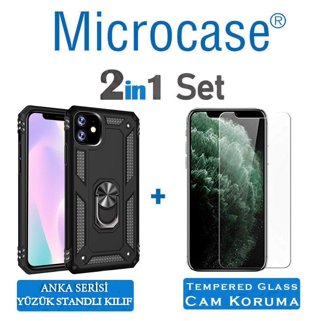 Microcase iPhone 11 Anka Serisi Yüzük Standlı Armor Kılıf - Siyah + Tempered Glass Cam Koruma