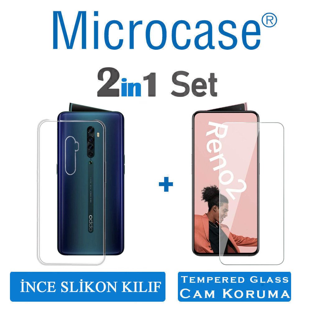 Microcase Oppo Reno 2 Ultra İnce 0.2 mm Soft Silikon Kılıf - Şeffaf + Tempered Glass Cam Koruma