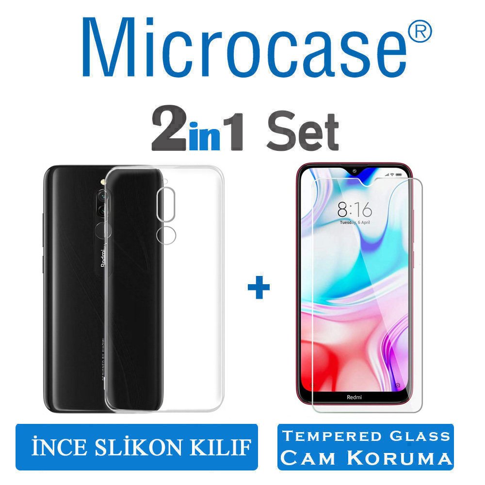 Microcase Xiaomi Redmi 8 Ultra İnce 0.2 mm Soft Silikon Kılıf - Şeffaf + Tempered Glass Cam Koruma