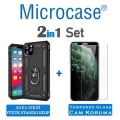 Microcase iPhone 11 Pro Max Anka Serisi Yüzük Standlı Armor Kılıf - Siyah + Tempered Glass Cam Koruma