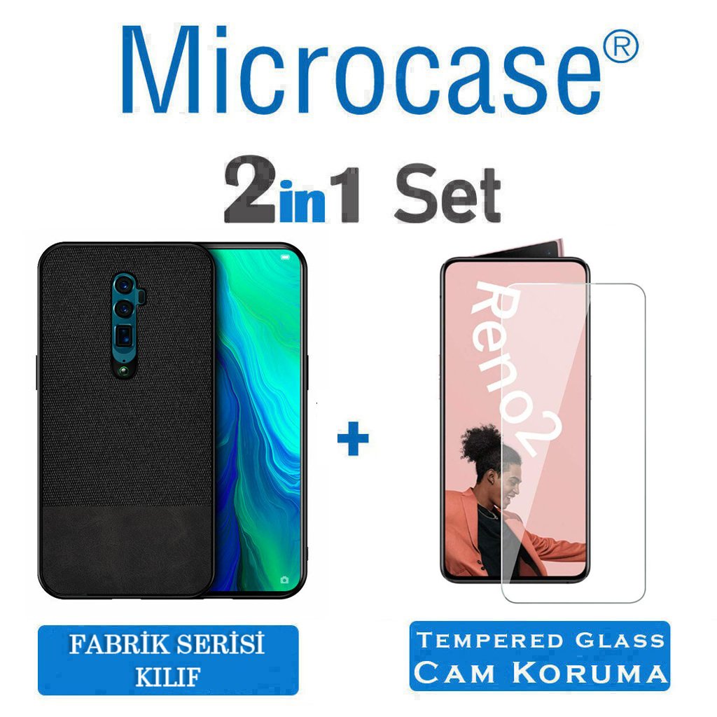 Microcase Oppo Reno 2 Fabrik Serisi Kumaş ve Deri Desen Kılıf - Siyah + Tempered Glass Cam Koruma