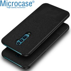 Microcase Oppo Reno 2 Fabrik Serisi Kumaş ve Deri Desen Kılıf - Siyah + Tempered Glass Cam Koruma