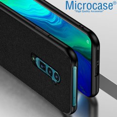 Microcase Oppo Reno 2 Fabrik Serisi Kumaş ve Deri Desen Kılıf - Siyah + Tempered Glass Cam Koruma