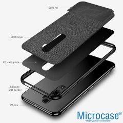 Microcase Oppo Reno 2 Fabrik Serisi Kumaş ve Deri Desen Kılıf - Siyah + Tempered Glass Cam Koruma