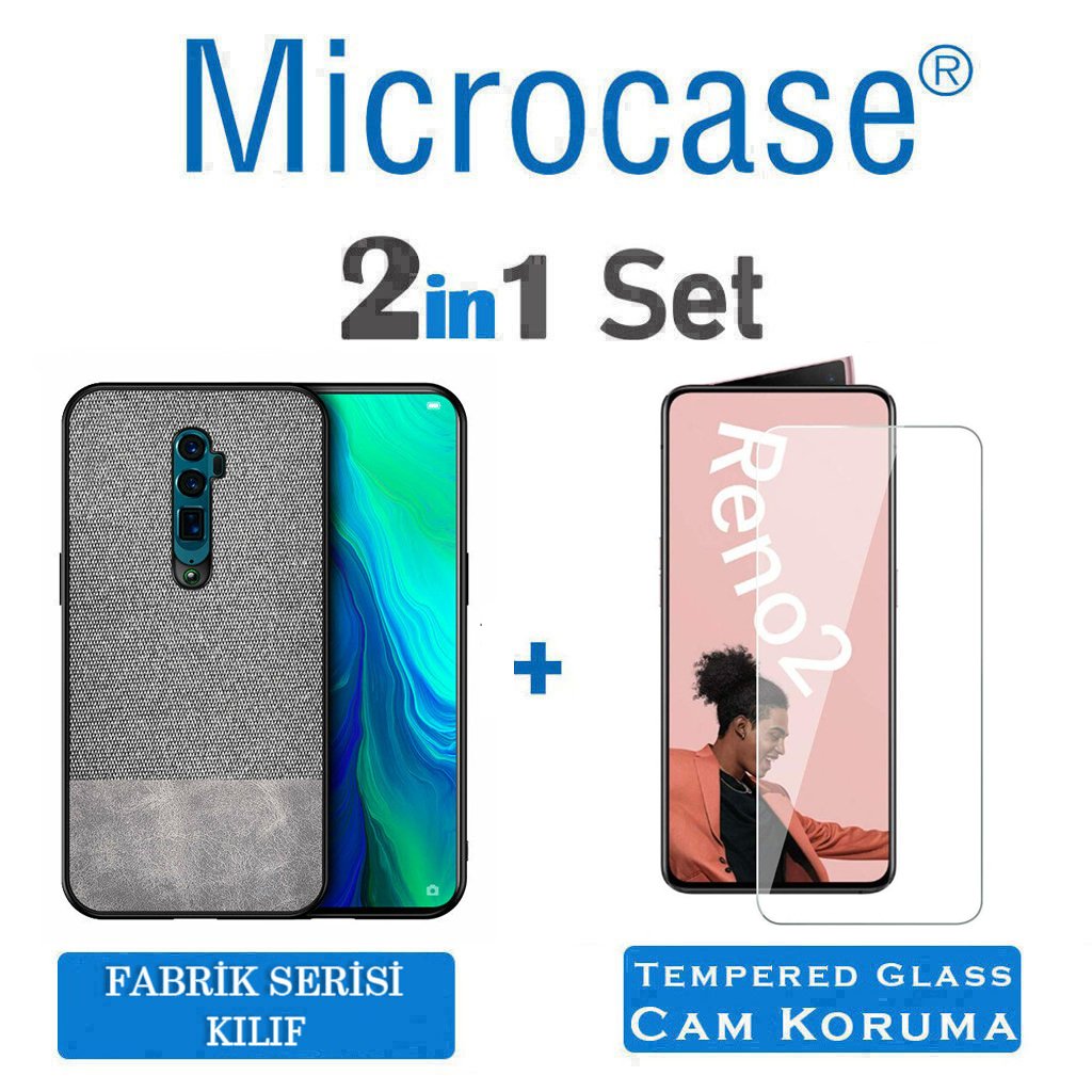 Microcase Oppo Reno 2 Fabrik Serisi Kumaş ve Deri Desen Kılıf - Gri + Tempered Glass Cam Koruma