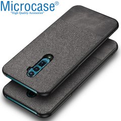 Microcase Oppo Reno 2 Fabrik Serisi Kumaş ve Deri Desen Kılıf - Gri + Tempered Glass Cam Koruma