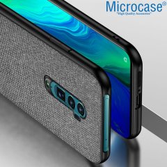 Microcase Oppo Reno 2 Fabrik Serisi Kumaş ve Deri Desen Kılıf - Gri + Tempered Glass Cam Koruma