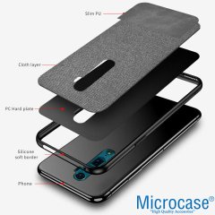 Microcase Oppo Reno 2 Fabrik Serisi Kumaş ve Deri Desen Kılıf - Gri + Tempered Glass Cam Koruma