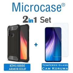 Microcase Xiaomi Redmi Note 8 King Serisi Armor Perfect Koruma Kılıf - Siyah + Tempered Glass Cam Koruma