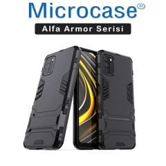 Microcase Xiaomi Poco M3 Alfa Armor Standlı Perfect Koruma Kılıf Siyah