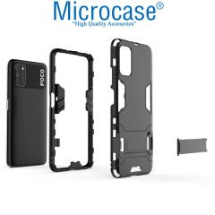 Microcase Xiaomi Poco M3 Alfa Armor Standlı Perfect Koruma Kılıf Siyah