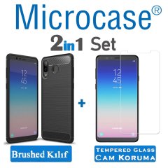 Samsung Galaxy A9 Star Brushed Carbon Fiber Silikon Kılıf + Cam