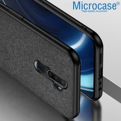 Microcase Oppo A5 2020 - Oppo A9 2020 Fabrik Serisi Kumaş ve Deri Desen Kılıf - Siyah + Tempered Glass Cam Koruma