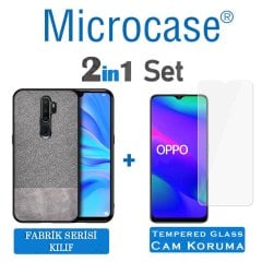 Microcase Oppo A5 2020 - Oppo A9 2020 Fabrik Serisi Kumaş ve Deri Desen Kılıf - Gri + Tempered Glass Cam Koruma
