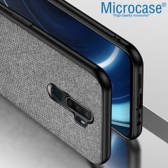 Microcase Oppo A5 2020 - Oppo A9 2020 Fabrik Serisi Kumaş ve Deri Desen Kılıf - Gri + Tempered Glass Cam Koruma