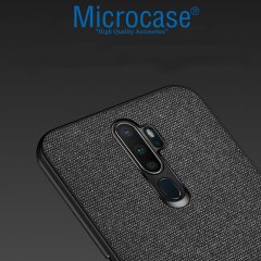 Microcase Oppo A5 2020 - Oppo A9 2020 Fabrik Serisi Kumaş ve Deri Desen Kılıf - Siyah