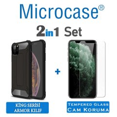 Microcase iPhone 11 Pro Max King Serisi Armor Perfect Koruma Kılıf - Siyah + Tempered Glass Cam Koruma