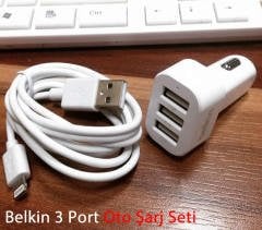 Belkin 3 Port USB Çakmaklık Oto Şarj Aleti+Lightning Kablo Set