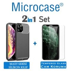 Microcase iPhone 11 Pro Maxy Serisi Carbon Fiber Silikon Kılıf - Siyah + Tempered Glass Cam Koruma