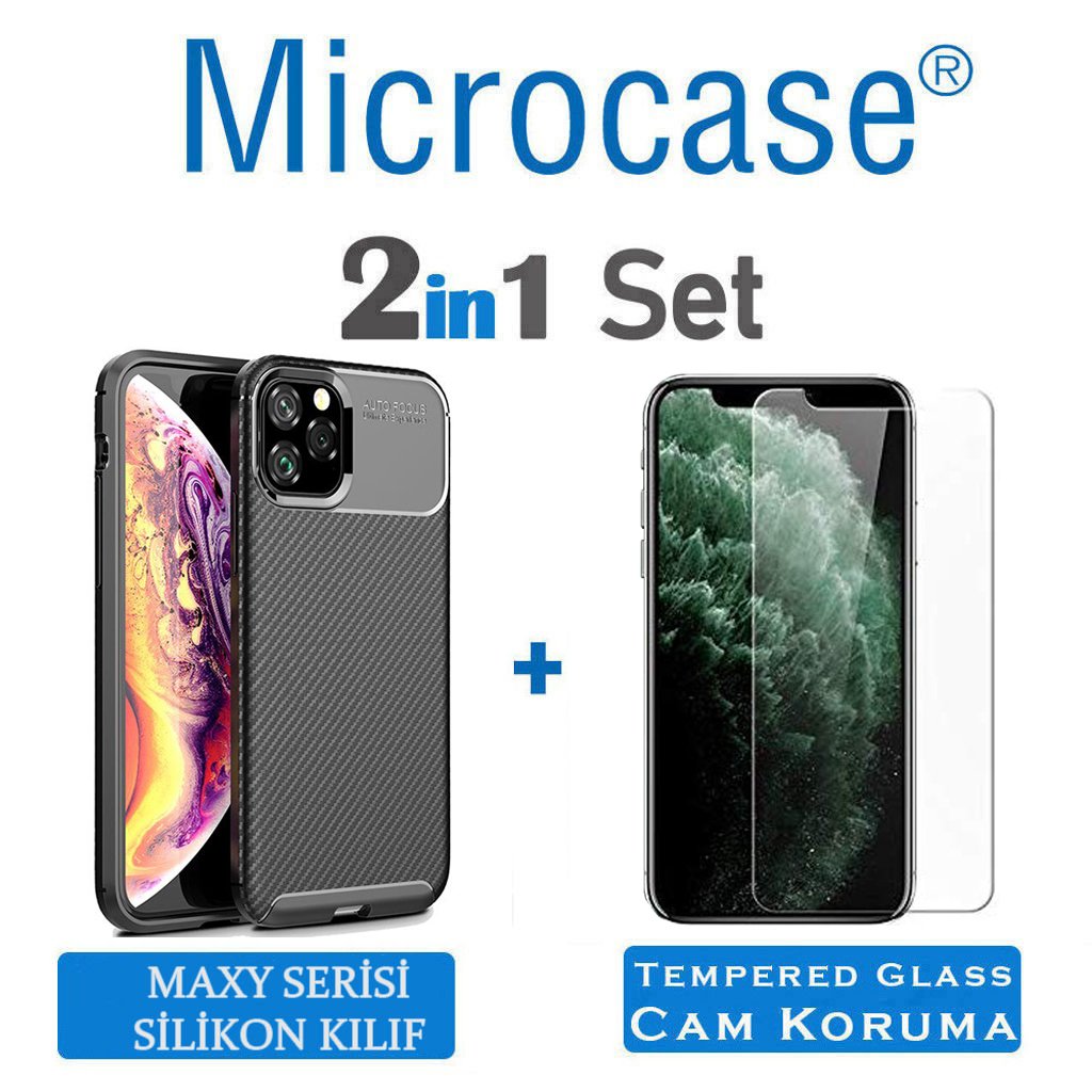Microcase iPhone 11 Pro Max Maxy Serisi Carbon Fiber Silikon Kılıf - Siyah + Tempered Glass Cam Koruma