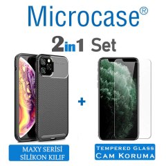 Microcase iPhone 11 Pro Max Maxy Serisi Carbon Fiber Silikon Kılıf - Siyah + Tempered Glass Cam Koruma