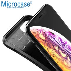 Microcase iPhone 11 Pro Max Maxy Serisi Carbon Fiber Silikon Kılıf - Siyah + Tempered Glass Cam Koruma