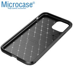 Microcase iPhone 11 Pro Max Maxy Serisi Carbon Fiber Silikon Kılıf - Siyah + Tempered Glass Cam Koruma