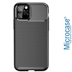 Microcase iPhone 11 Pro Max Maxy Serisi Carbon Fiber Silikon Kılıf - Siyah + Tempered Glass Cam Koruma