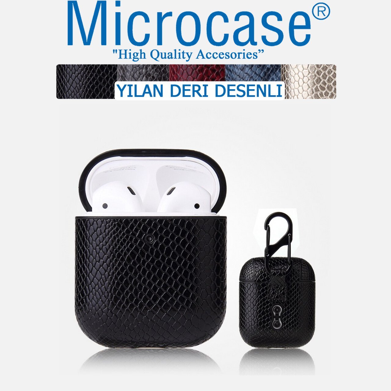 Microcase Airpods Kulaklık ve Şarj Ünitesi için Yılan Derisi Desenli Kılıf - Siyah