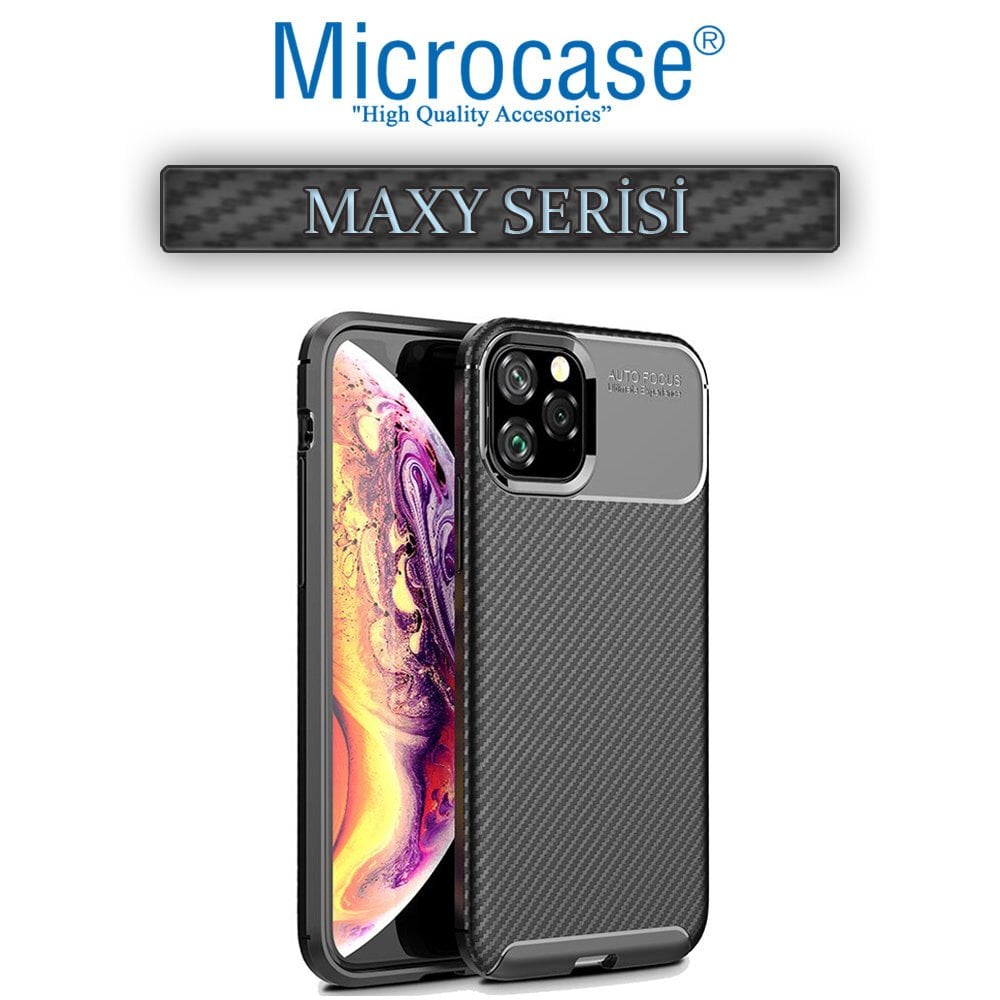 Microcase iPhone 11 Pro Max Maxy Serisi Carbon Fiber Silikon Kılıf - Siyah