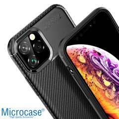Microcase iPhone 11 Pro Max Maxy Serisi Carbon Fiber Silikon Kılıf - Siyah