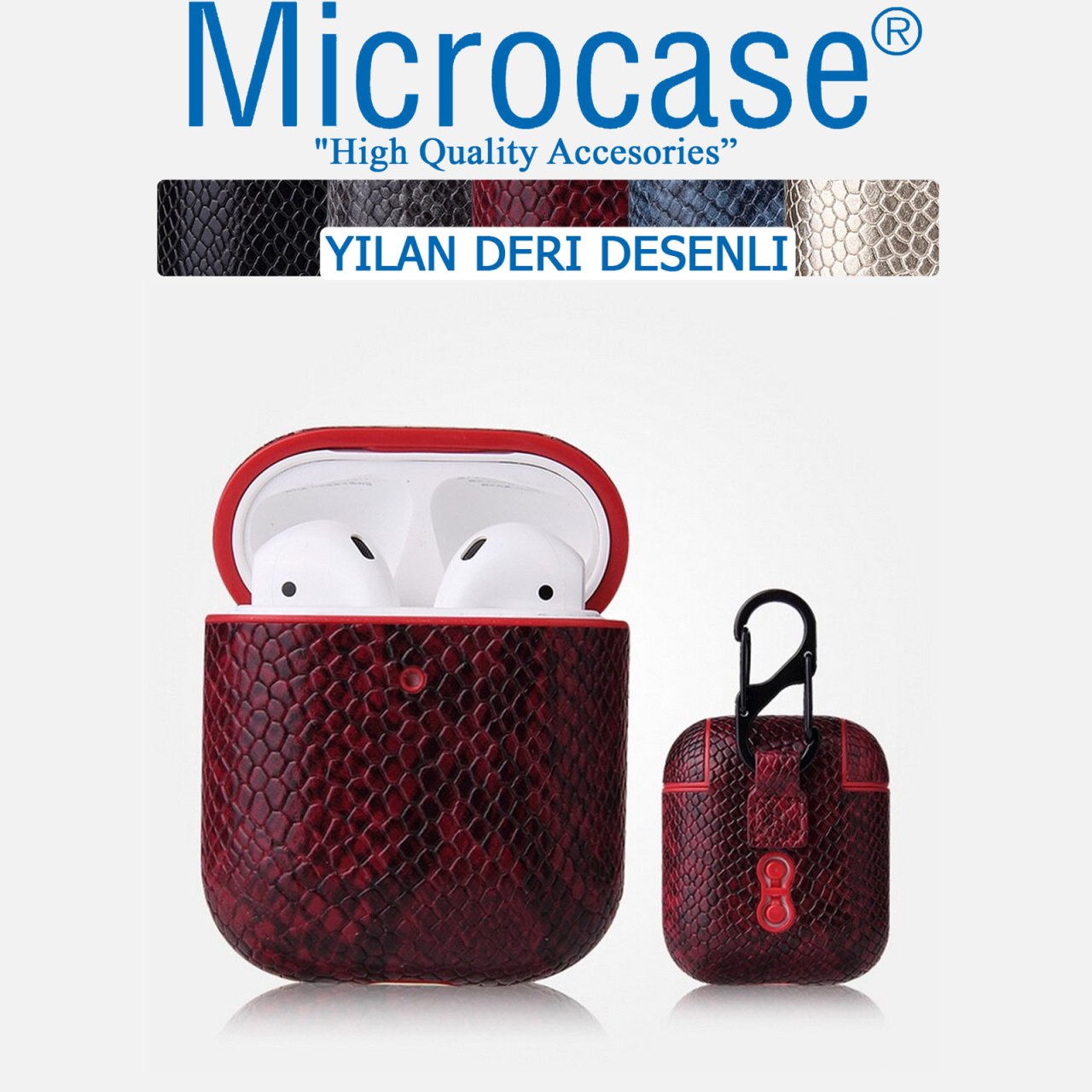 Microcase Airpods Kulaklık ve Şarj Ünitesi için Yılan Derisi Desenli Kılıf - Kırmızı